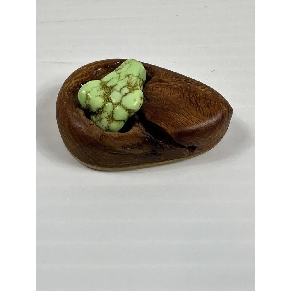 Vintage Green Turquoise Inlaid Wood Handmade‎ Necklace Bead Pendant Charm